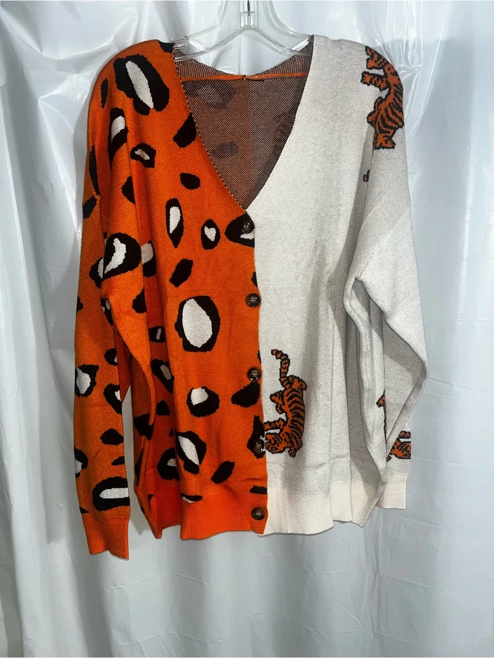 Orange and Cream Leopard-Tiger Button Down Cardigan Sweater - Women
